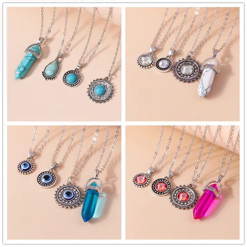 Aihua Women Necklace Sets Vintage Silver Plated Turquoise Stone Necklace Bohemia Statement Hexagonal Water Drop Pendant Necklace