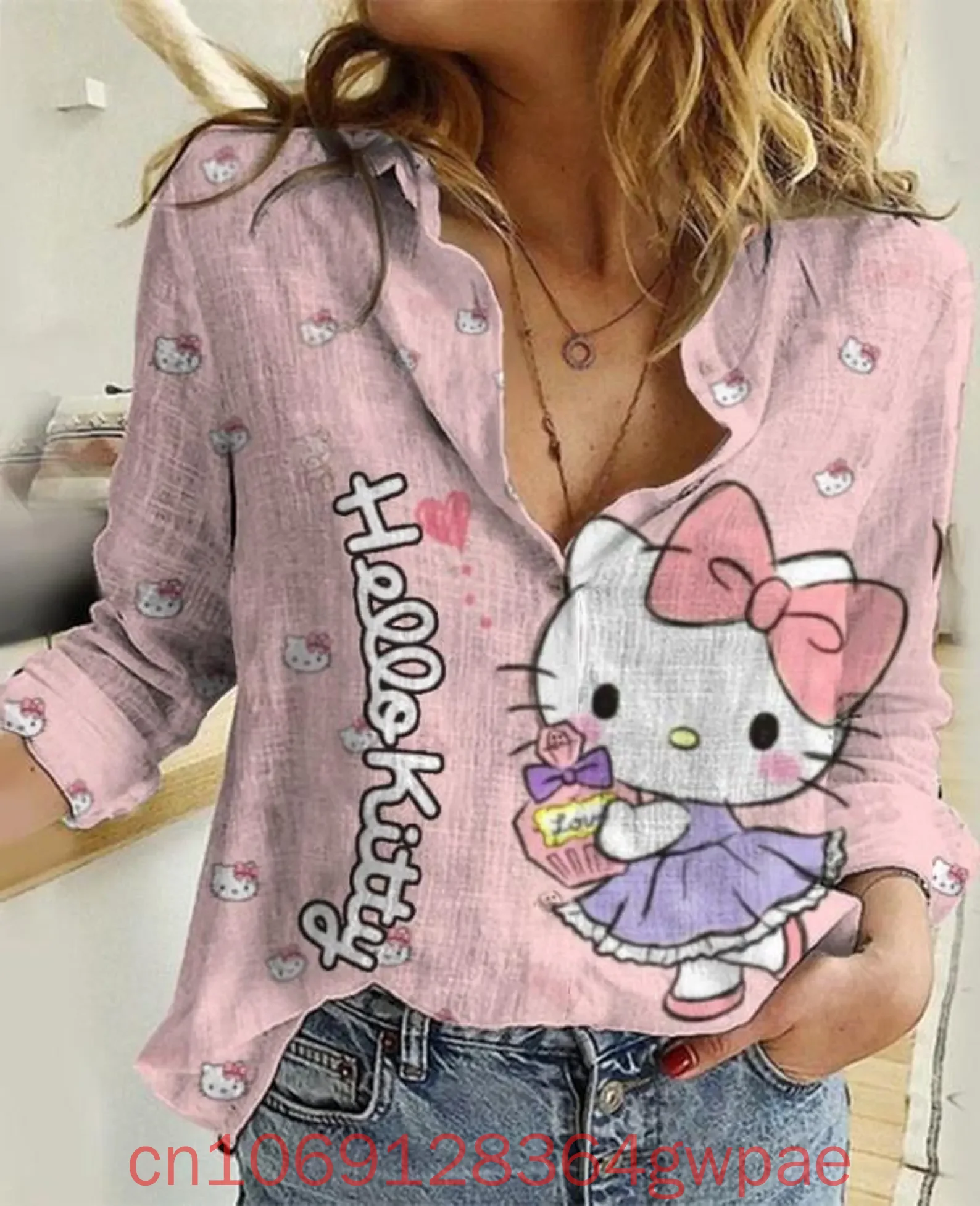 

Женская блузка Hello Kitty, рубашка, повседневная рубашка на пуговицах с длинными рукавами, Kawaii Kitty, женская мода, элегантные рубашки с 3d принтом
