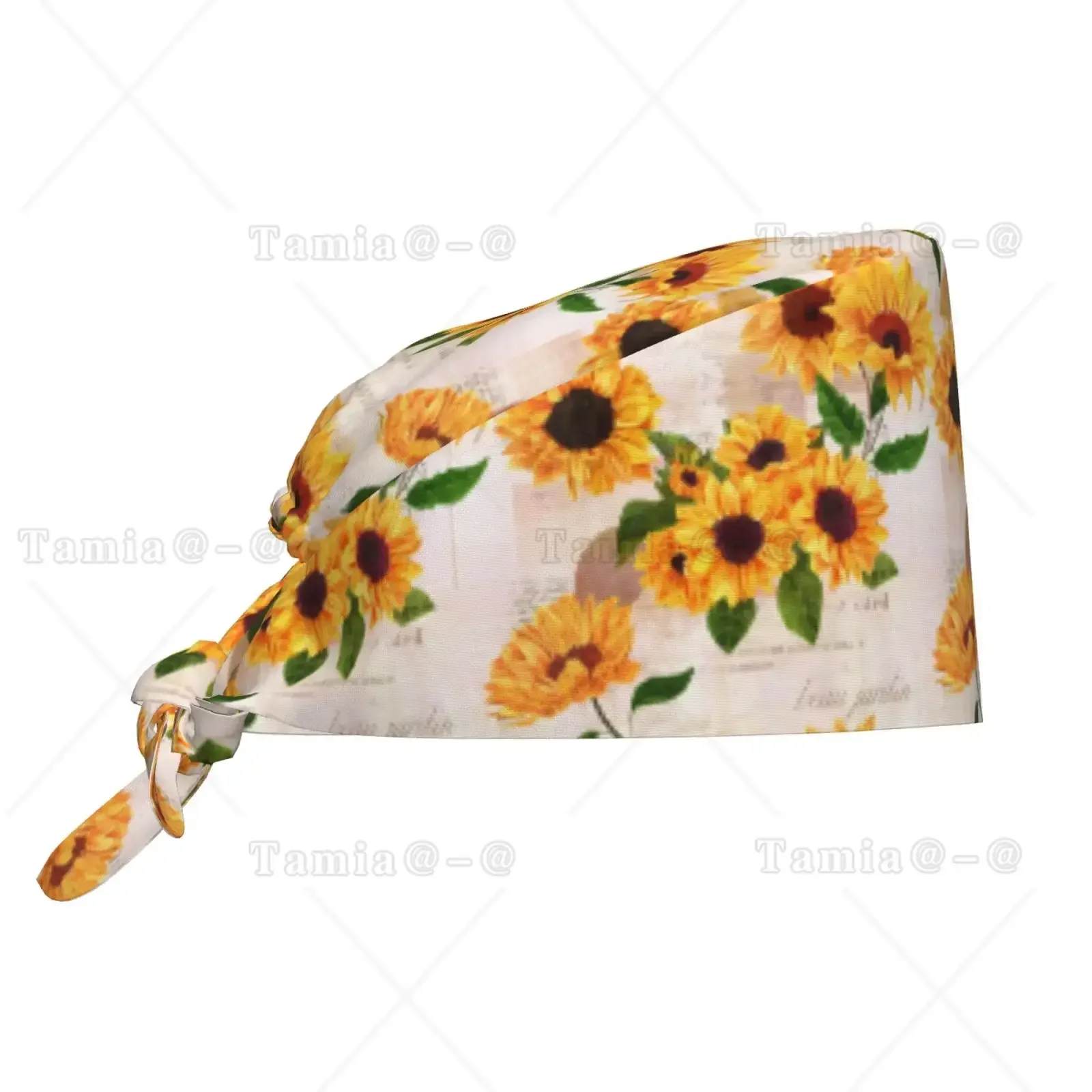 Sunflower Breathable Work Cap for Male and Female Nurses and Doctors with Elastic Band and Drawstring Rear End Cap