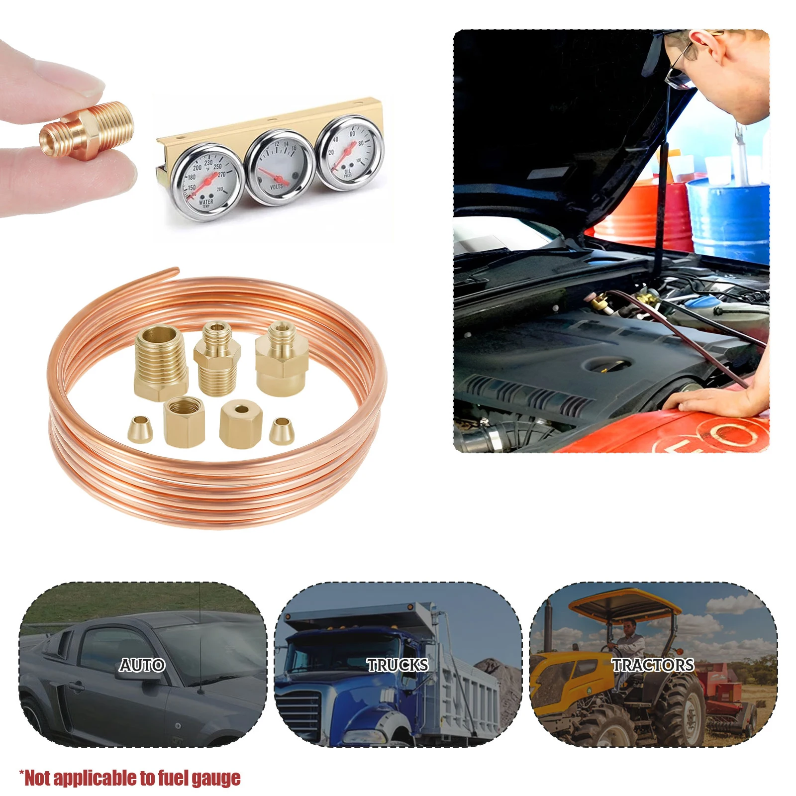 Oil Pressure Gauge Tubing Kit 72 in Practical Oil Gauge Line Kit Set Copper Tube Threaded Parts for Tractor/ Mechanical Pressure