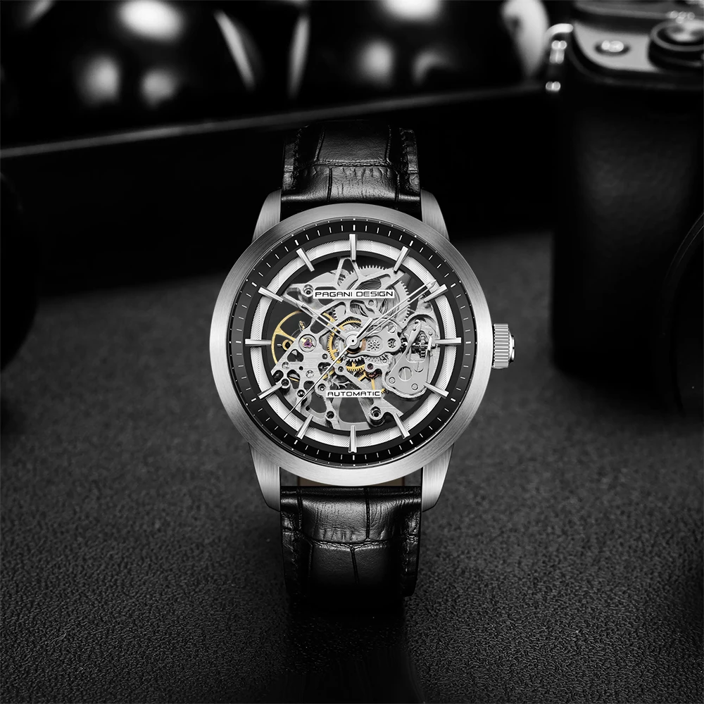 PAGANI DESIGN Marken-Modeuhr aus Leder, luxuriöse Golduhr für Herren, automatische mechanische Skelett-Uhr, wasserdicht, Relogio Masculino, mit Box