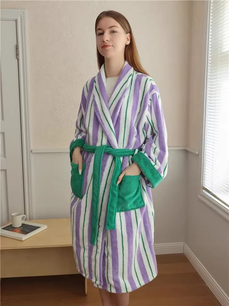 Cute Striped Cotton Bathrobe, Long Staple Soft Cotton Adult Bathskirt for Bathroom Absorbent Quick Drying Pure Cotton Th