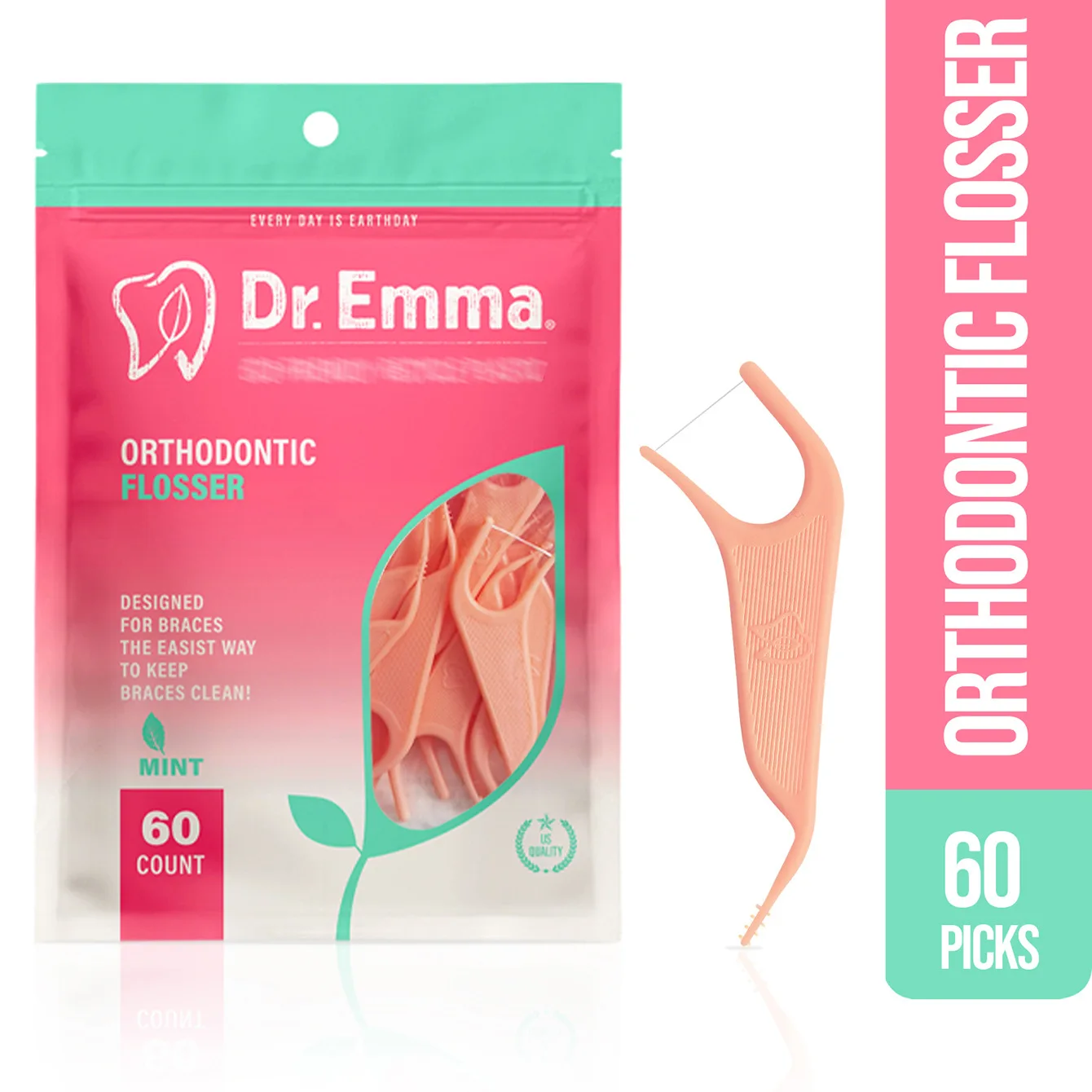 Dr. Emma Orthodontic Dental Floss 60pcs Mint Flavor Interdental Brush Toothpick for Braces Oral Care Double Sides Toothpick