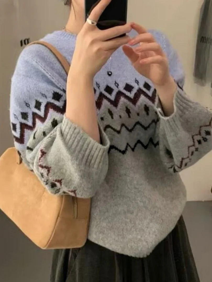 Retro Korean Style Knitted Sweater Women's Inner Wear Base Layer Autumn Winter New Style Color Block round Neck Pullover Top