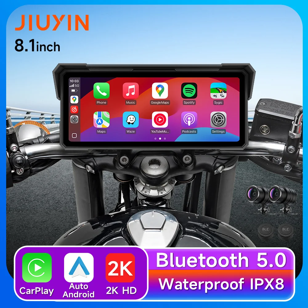 

Мотоциклетный мультимедийный плеер 8,1 дюйма 2K HD GPS-навигатор Видеорегистратор Беспроводной CarPlay Android Auto IPX7 Водонепроницаемый экран BT