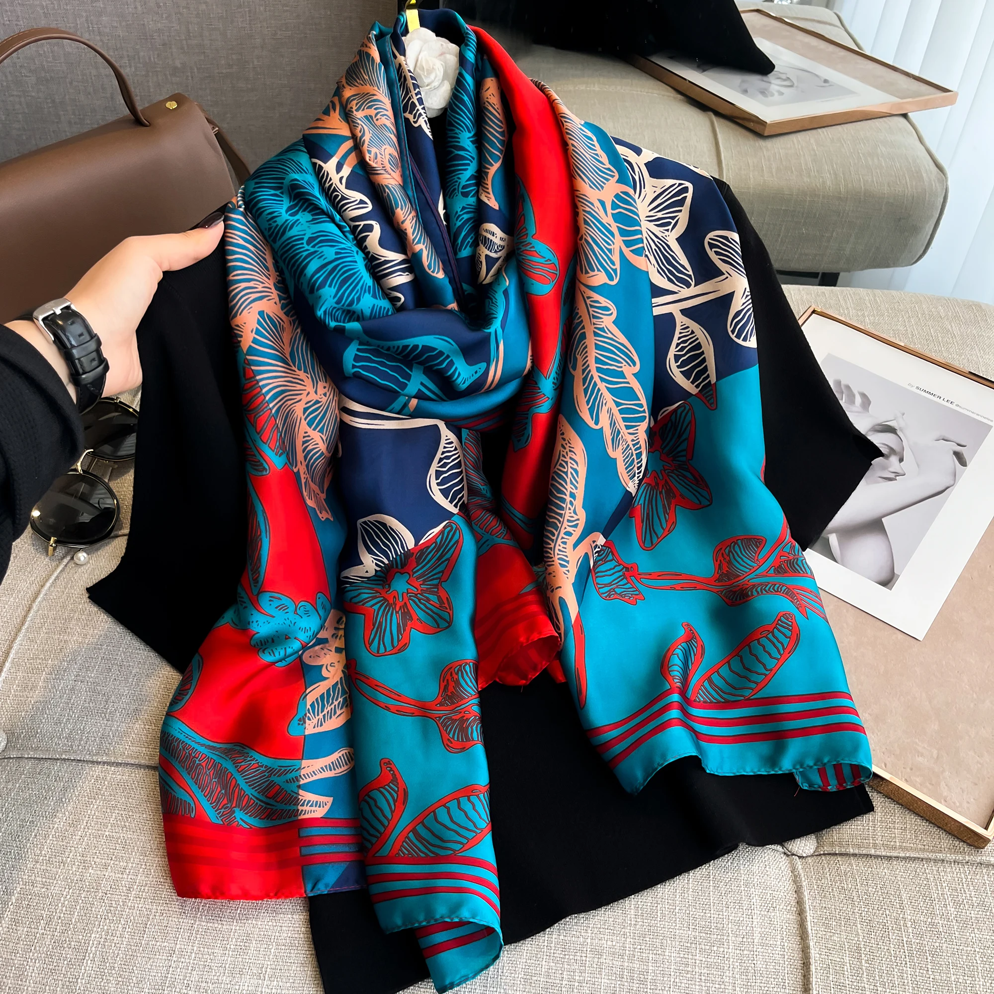 180X90CM Satin Shawls Autumn Colour Print Bandanna Luxury Silk Scarf Scarves Popular Sunscreen Beach Towel Foulard