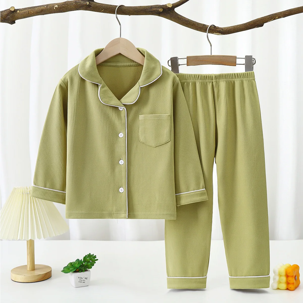 

1-16 Years Toddler Baby Kids Unisex Casual Pajama Suit Boy Long Sleeve Front Pocket Lapel Tops+ Long Pants Girl Pajama Sets