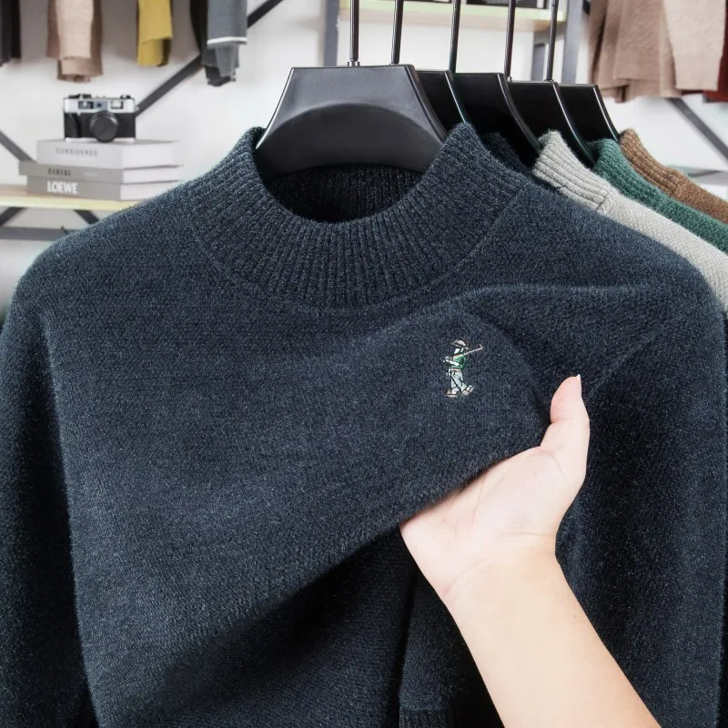 

Luxury brand men's round neck knitted sweater fashion cartoon embroidery comfort warm plush autumn winter casual golf pullover