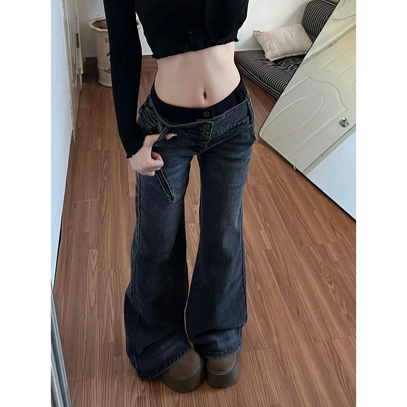 Women's Y2k Baggy Flare Jeans Harajuku Japanese 2000s Style Patchwork Denim Trouser Vintage Oversize Cargo Jeans Pants Clothes