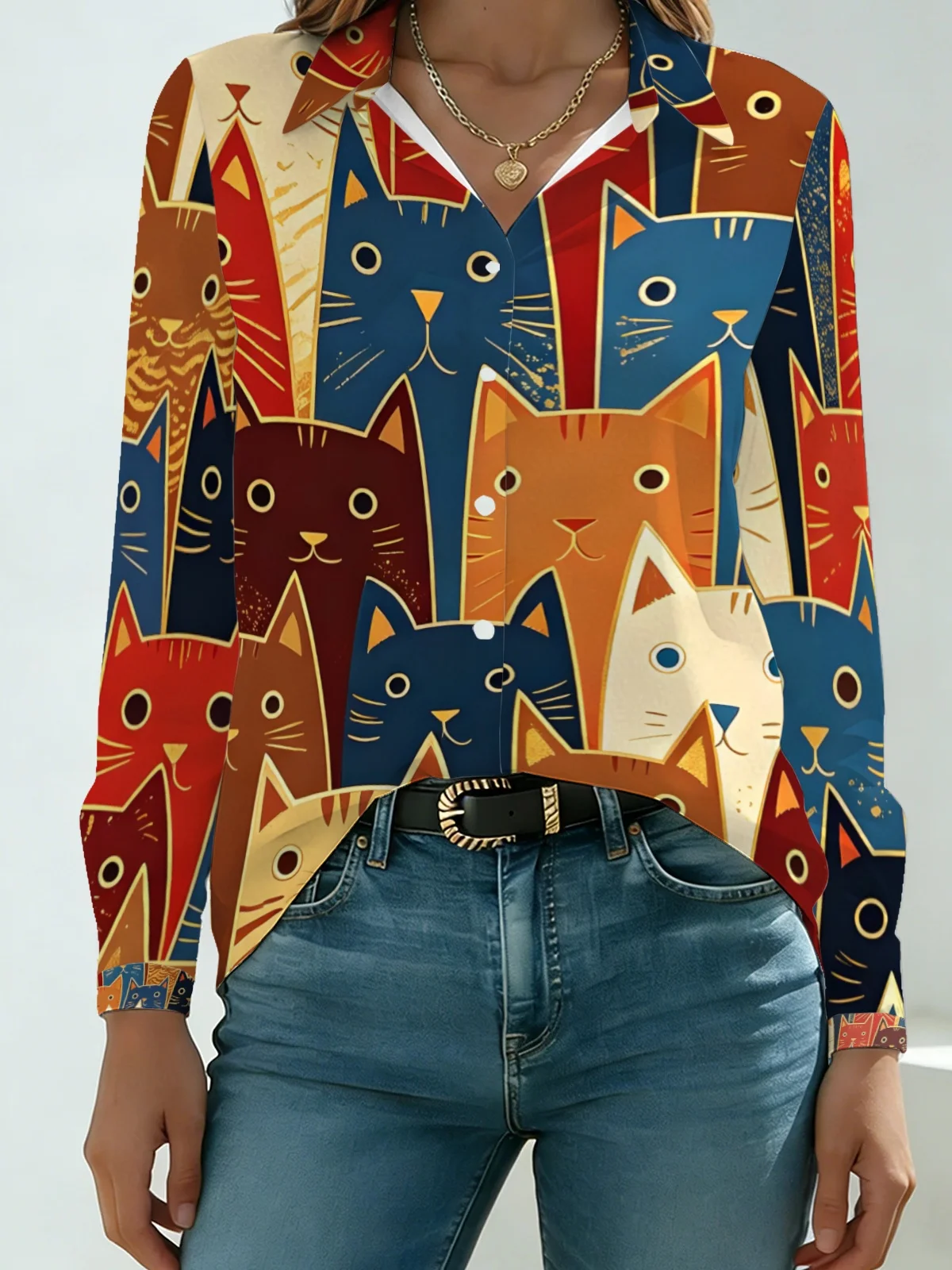 Artistic Block Color Kitty Womens Collared Shirt Retro Multi Warm Tone Geometric Cat Allover Print Long Sleeve Pet Lover Dating