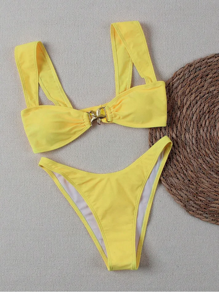 

sexy starfish yellow plain bikinis sets two pieces thong back tie swimsuit Swimwear Biquini conjunto de bikini tankini trikini