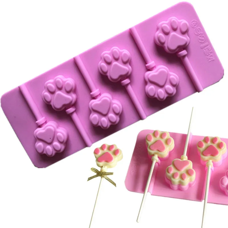 6 Holes 3D Cat Dog Paw Shape Silicone Lollipop Mold DIY Chocolate Soap Forms Baking Mould Pastry Bakeware Cake Decorating Tools