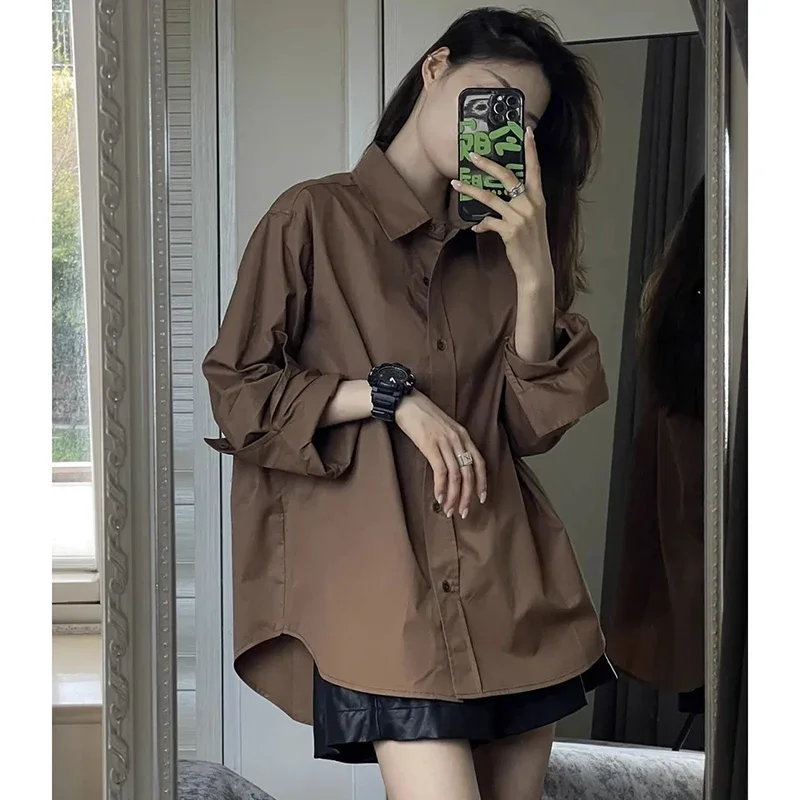 Gidyq Korean Women Streetwear Shirts Fashion All Match Female Loose Long Sleeve Top Casual Buttons Solid Coffee Shirt Spring New