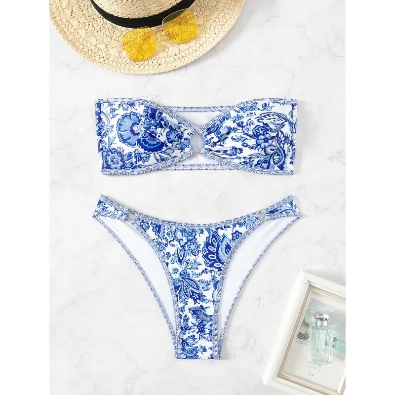 여성 스트랩리스 섹시 비키니 세트 여름 비치 파티 프린트 투피스 수영복 2025 여름 밴도 비치 휴가 수영복