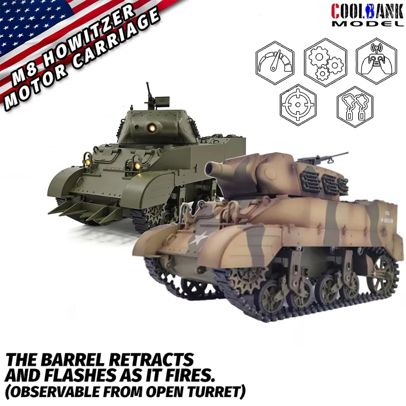 Char RC US M8 Scott Howi tzer, chariot à moteur M8, véhicule de Combat, jouets légers pour adultes garçons avec Rotation de la tourelle de fumée 360, 1:16 °