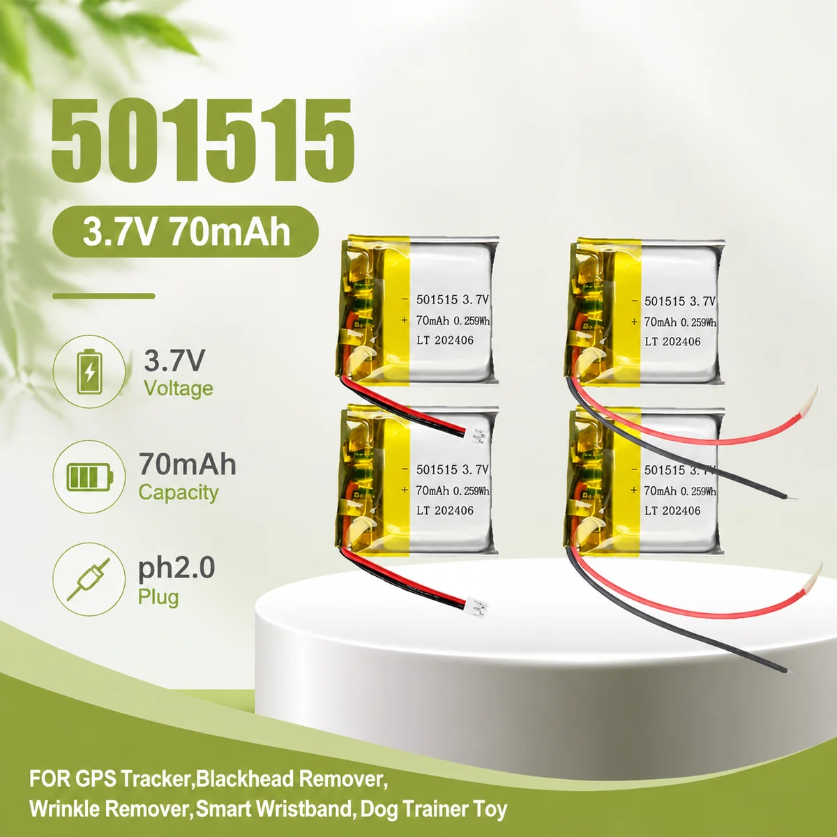 70mAh 3.7V 501515 Lithium Battery Replacement for GPS Tracker Smart Wristband Dog Trainer Toy Blackhead Remover
