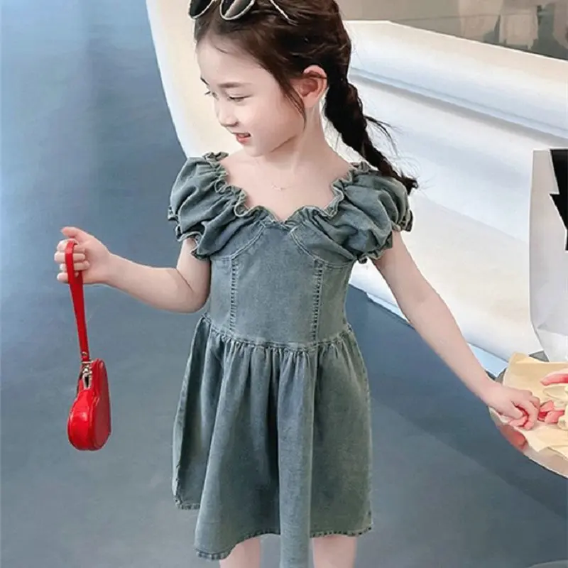 

Children's Clothing Girls Skirt Retro Washed Denim Waist Dress 2025 Summer Clothing New Children's Clothing