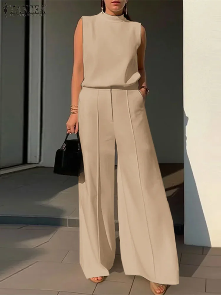 Fashion Wid Leg Trousers Suit Summer Sleeveless O-Neck Blouse Pant Sets 2PCS Solid Tracksuits ZANZEA Elegant Women OL Work Suit