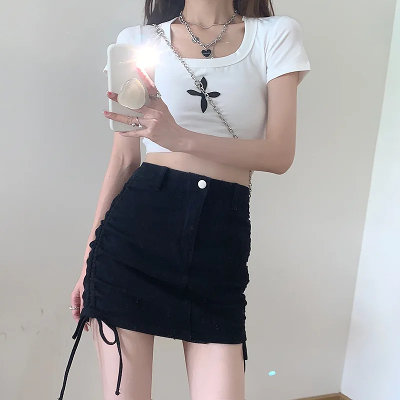 DUEWEER Stretch Denim Women's Sexy Black Short Skirt Summer Korean Style Drawstring A Line Mini Wrap Skirt Lolita Gothic Clothes