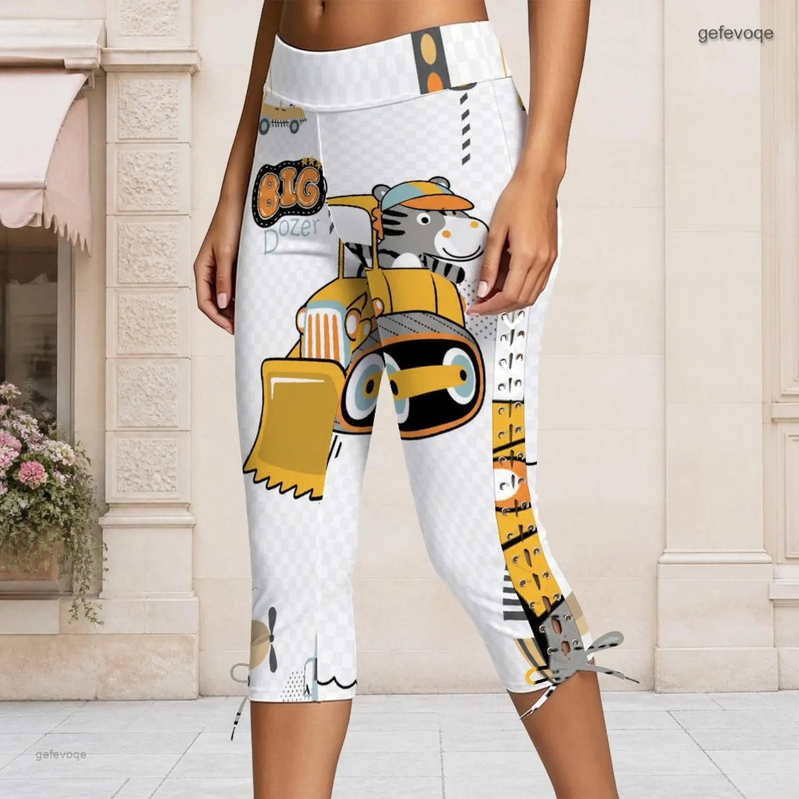 Printed Capri Pants for Women High Waist Side Eyelet Lace Up Detail Fitted