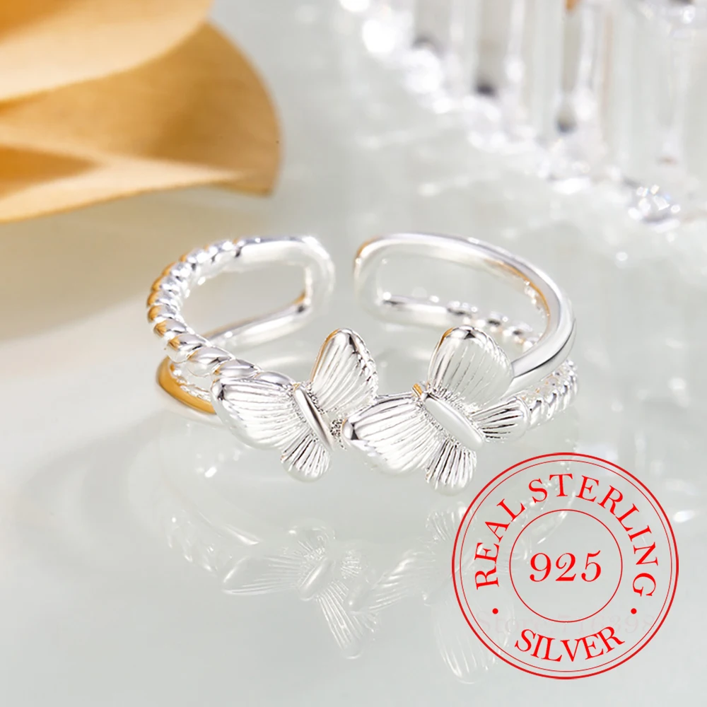 Bagues coréennes en argent Sterling 925 pour femmes, bagues papillon douces réglables, bijoux cadeau de fête de mariage en argent 925
