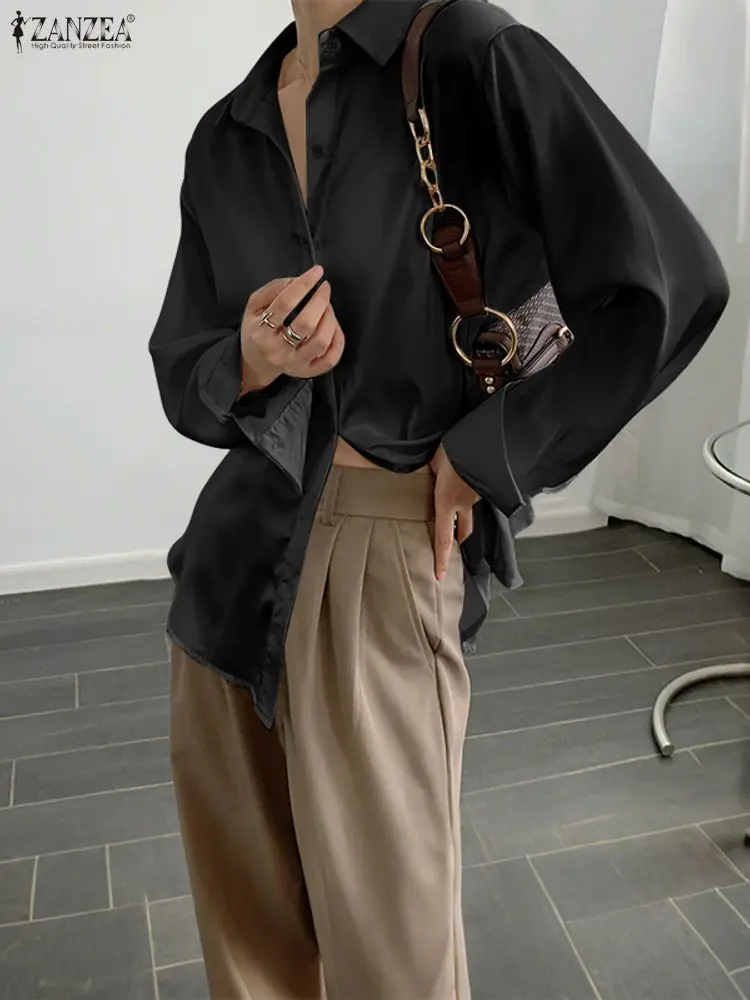 2025ZANZEA Herbst Büro Satin Shirts Mode Frauen Langarm Solide Bluse Frühling Elegante Taste Tops Weibliche OL Arbeit Hemd