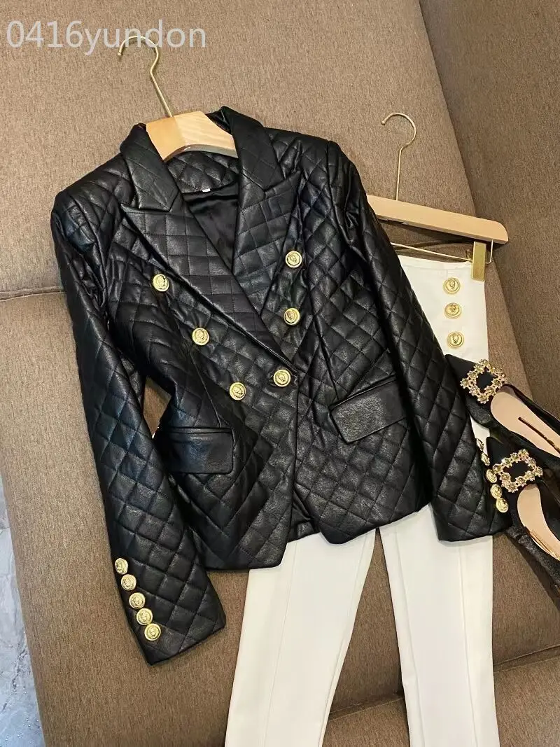 Winter Clothes Women Black Leather Jacket Vintage Y2k Chaquetas Para Mujer Blazers Roupas Femininas Plaid Tops Streetwear Coat