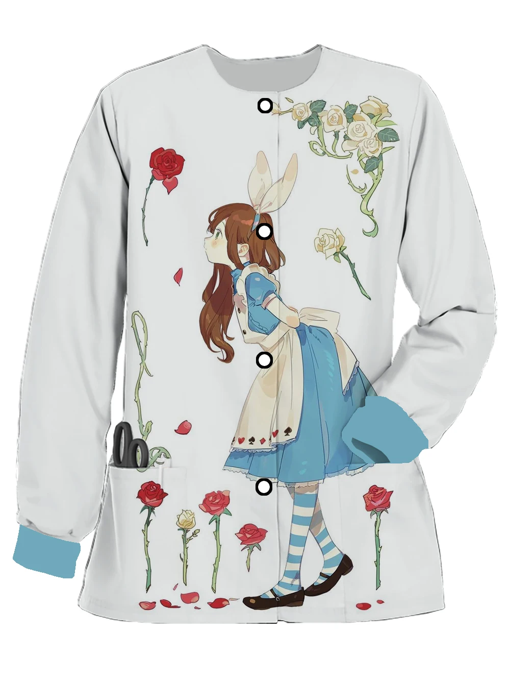 Nuevo Disney Alicia en el país de las Maravillas patrón fantasía cuidado de las mujeres uniforme bolsillo cárdigan floristería pastel habitación ropa de trabajo