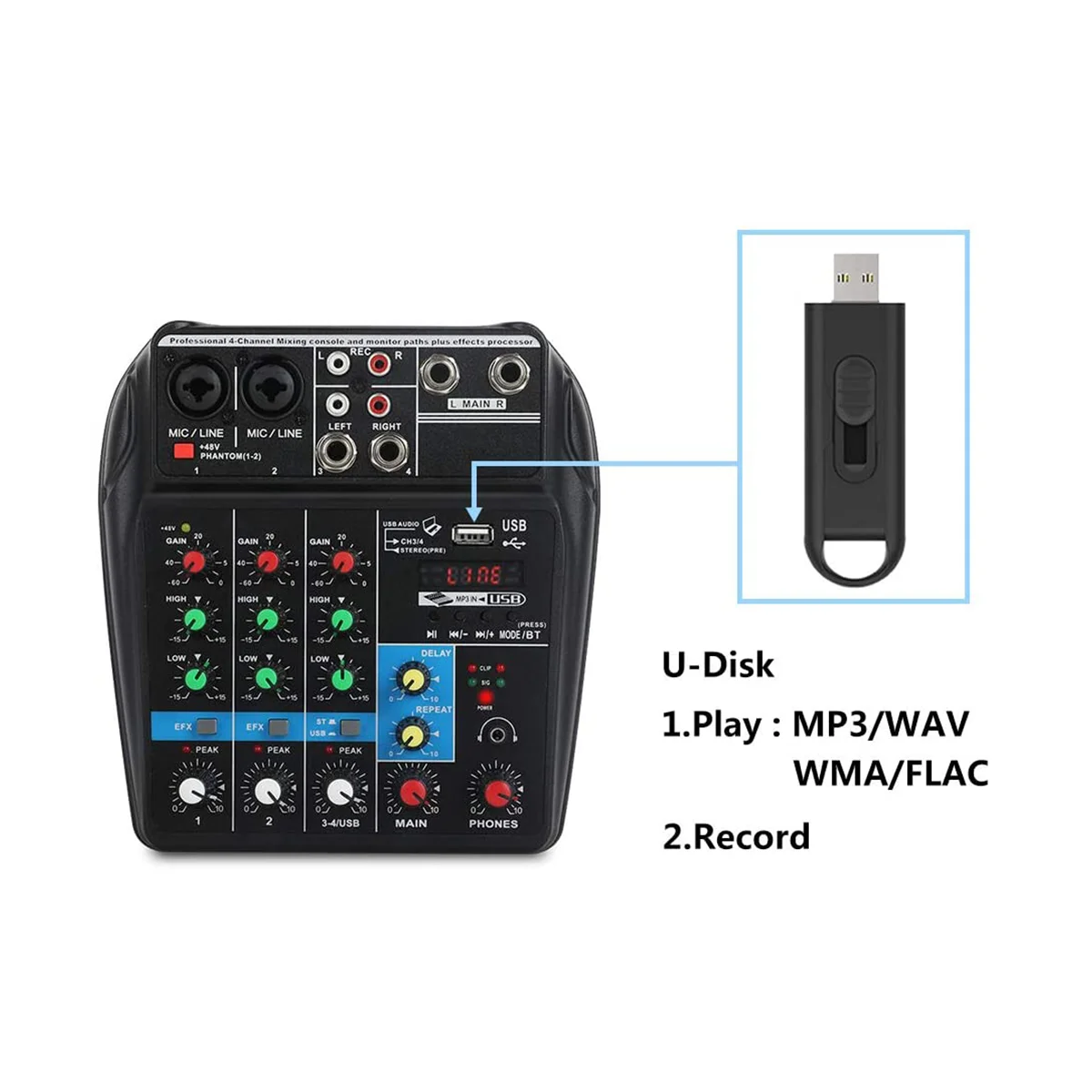 TEYUN A4 4-Channel Small Microphone Digital Mixer DJ Live Broadcast KTV Microphone Recording Effector Mixer 20Hz-20KHz US Plug