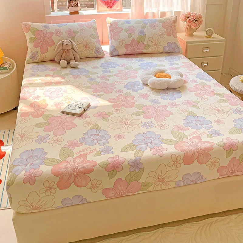 Pink Floral Flannel Fitted Sheet Set Winter Warm Ultra Soft Milk Velvet Bedding Set Deep Pocket Mattress Cover for Kids Teens