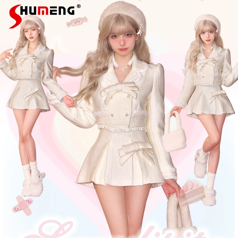 

New Japanese Winter Dress With A Set Of Skirt Bow Long Sleeved Double Brewed Coat Top White Skirts 2 Pieces Sets Women's Outfits