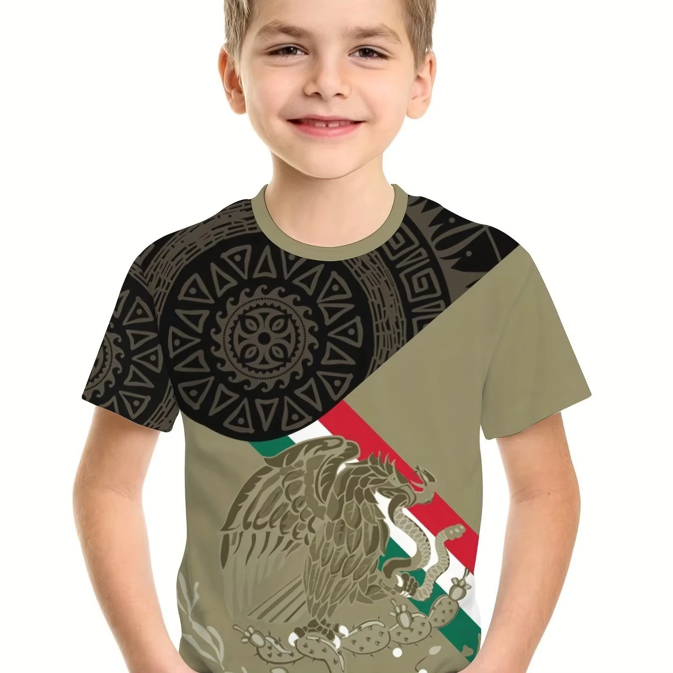 Children's clothing, boys' summer fashion, Mexican flag 3D pattern printed T-shirt, short sleeves, bright and lightweight, breat