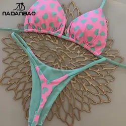 Nadanbao Sexy Heart Print Bikini Sets Women Fashion Backless Beach Party Swimwear Female Halter Plicated Two-Piece Swimsuit
