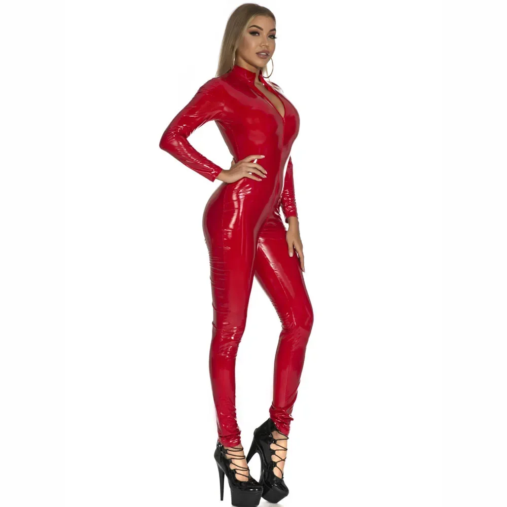 Sexy Hot Wet Look PVC Catsuit Glänzendes PU-Leder Langarm Zwei-Wege-Reißverschluss Offener Schritt Body Strumpfhosen Cosplay Verbunden 2024 Neu – Detail 11