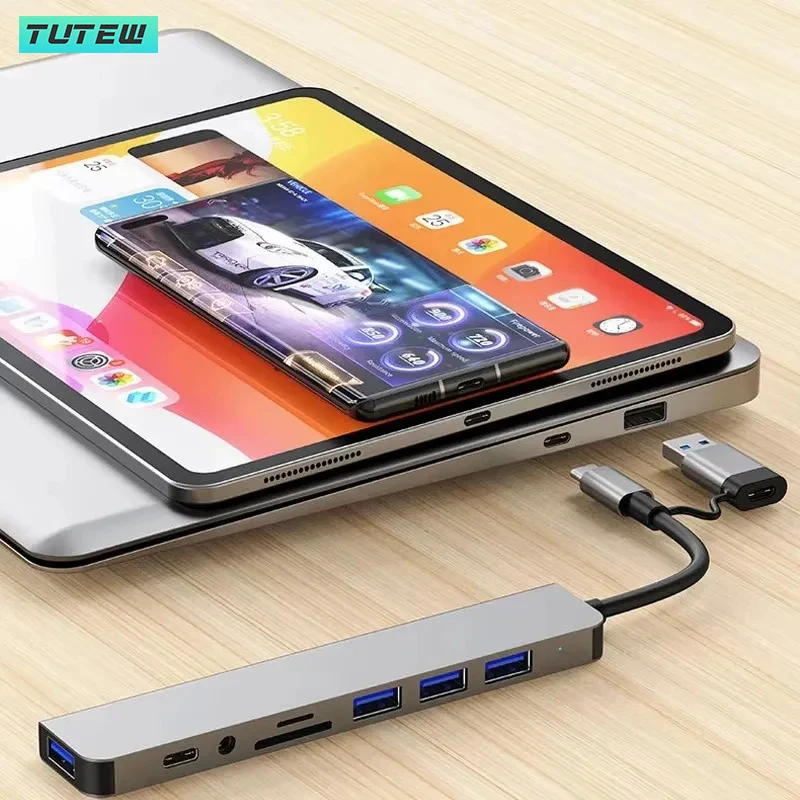 8 في 1 USB C Hub USB Splitter USB موسع مع 4 منافذ USB 1 منفذ USBC TF/SD قارئ بطاقات إخراج الصوت متوافق مع MacBook