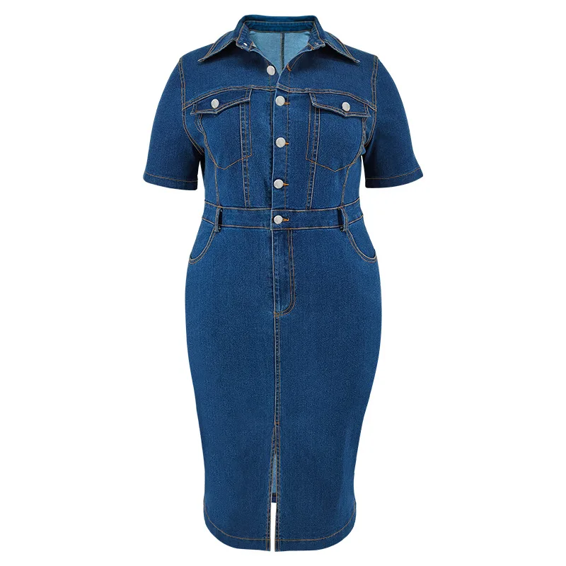 2024 Summer Button Plus Size Denim Dress Women Short Sleeve Large Midi Jean Dresses Lady Turn-down Collar Split Curvy Long Dress