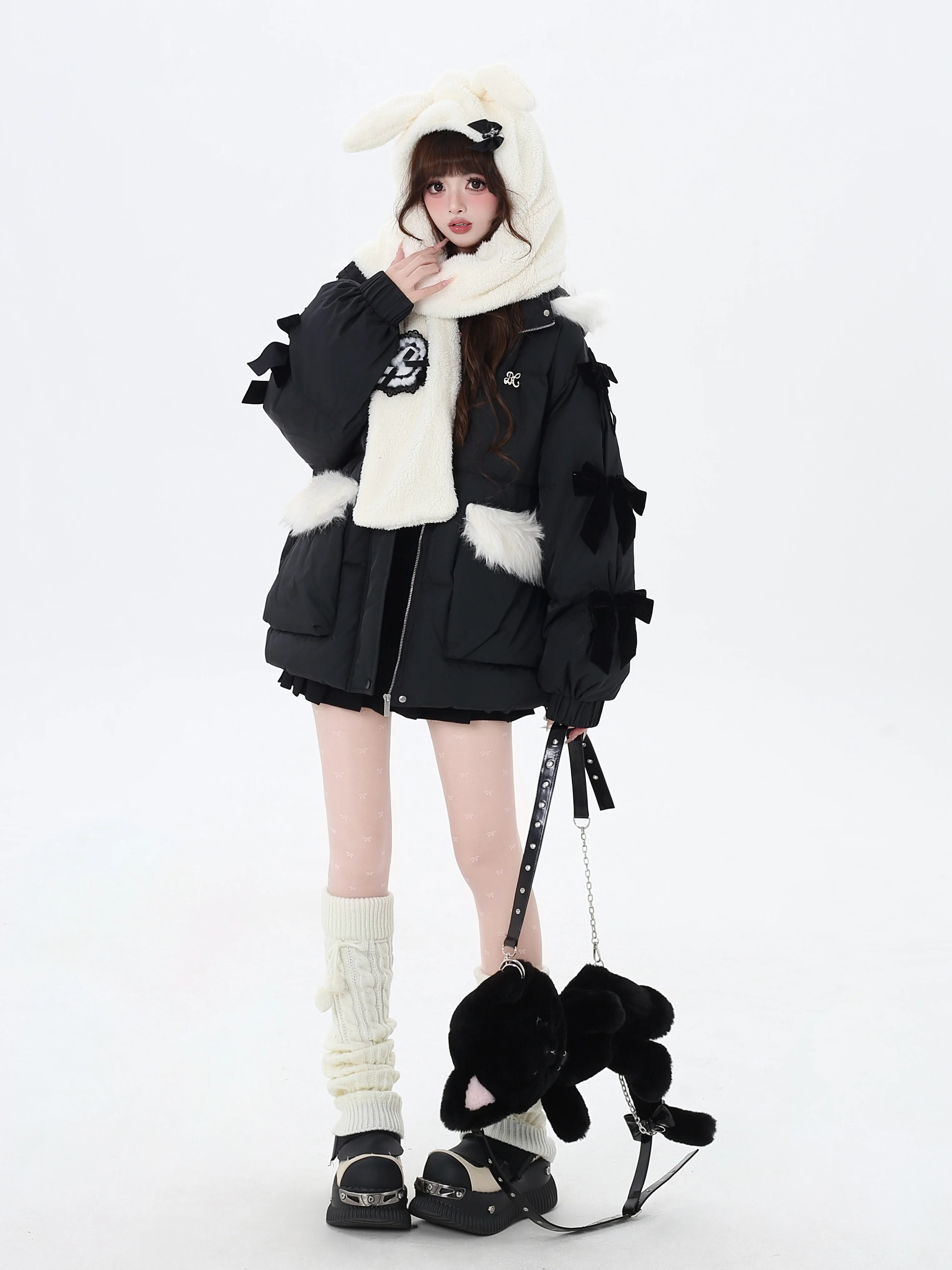 Japanese Sweet Cute 3D Bow Embroidery Hooded Plush Collar Thickened Warm Loose Versatile Black Down Coats Women Winter Jackets