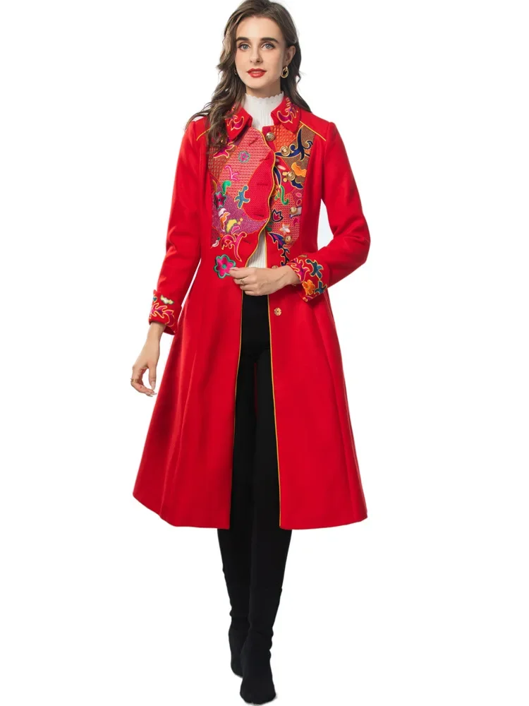 Heavy Industry Flower Embroidery Collar Gold Button Long Sleeve Belt Black Coat Coat Autumn/Winter Women's New Collection 2024