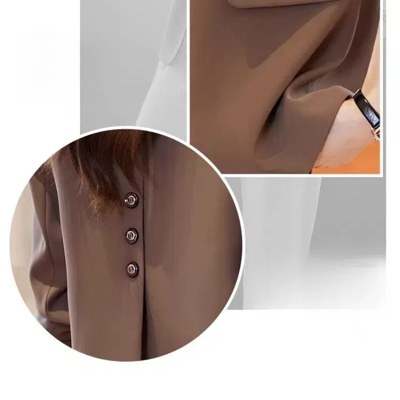 Spring Autumn Solid Color Button Long Sleeve Women\'s Clothing Rivet Turn-down Collar Pockets Cardigan Casual Formal Coats Tops