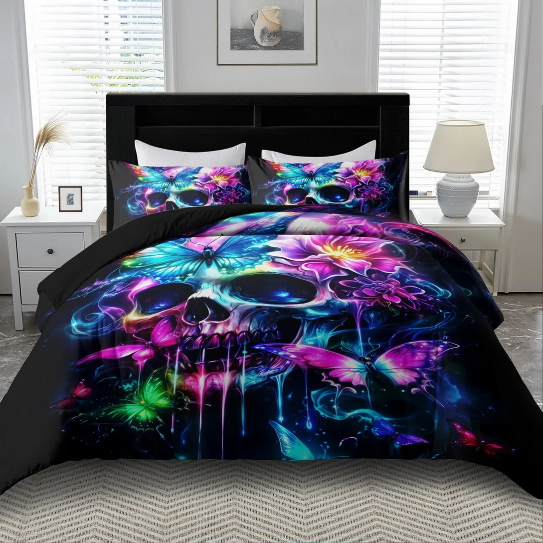 Fantasy Gothic Skull Print Duvet Cover Set King Queen Size Machine Washable Quilt Bedding Decoration for Bedroom