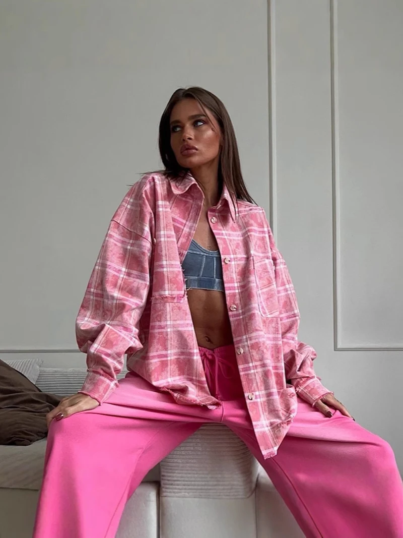 

Retro Tie Dyed Cotton Checkered Shirt Spring and Summer Women's Street Syle Trend Y2K Loose School Cassual Pink Shirt Jacket