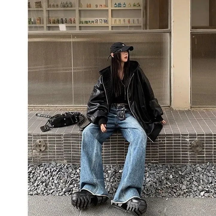 Women's Two Sided Leather Jacket Hooded Winter Coat Soft Plush Lining Reversible Lambswool PU Biker Jacket Streetwear Tops