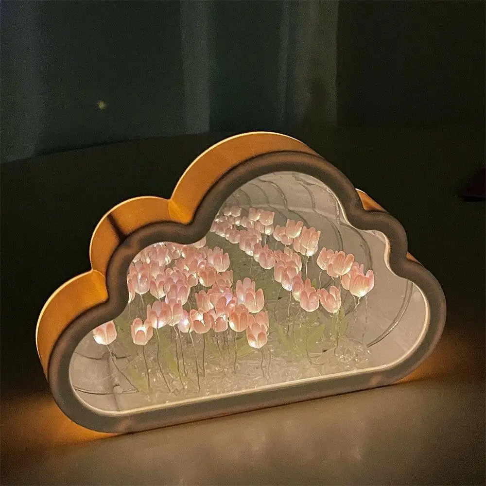 Cloud Mirror Stable Base Mirror Night Light Creative Novelty Push Button Beautiful Color Battery Tulip Flower Sea Lantern