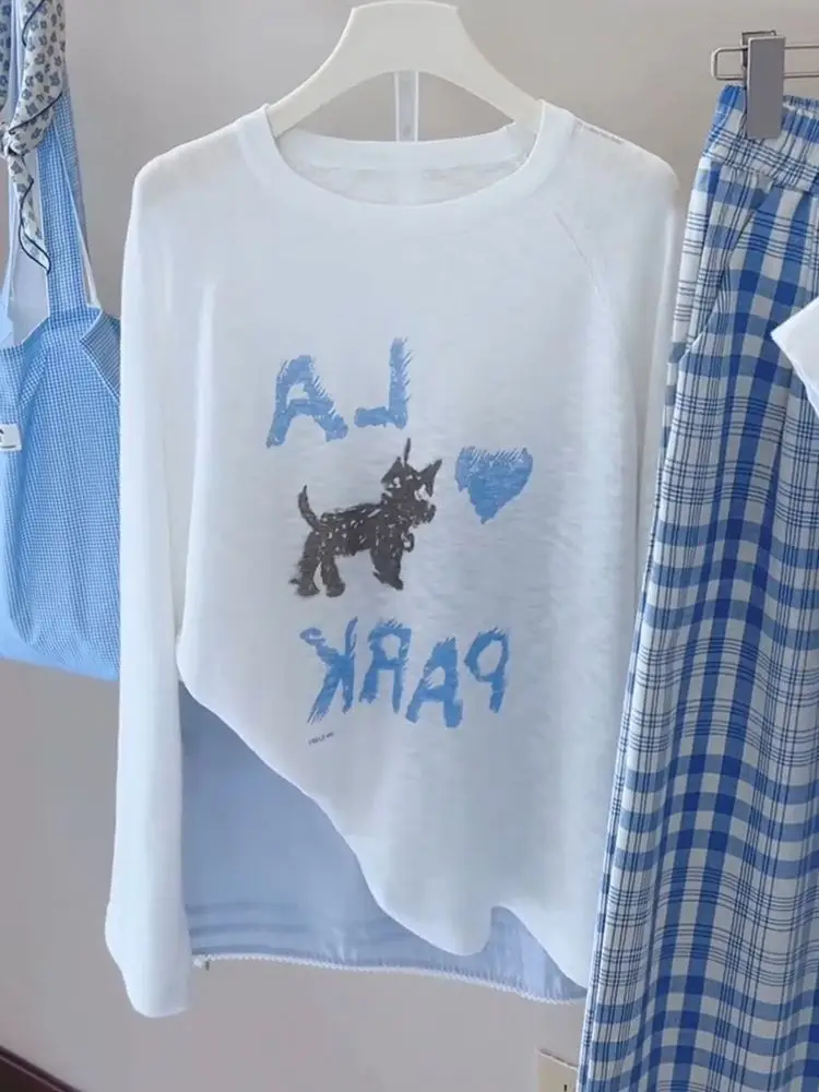 

Letter Print White Long Sleeve Sun Protection T-Shirt Women's New Summer Air Conditioner Cover Thin Top