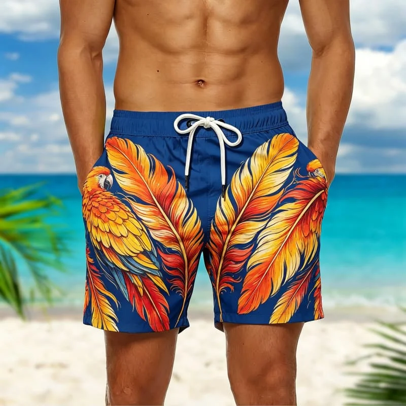 Men's Tropical Bird & Feather Print Casual Shorts for Summer Getaways, Pool Trips, Casual Outings & Everyday Style