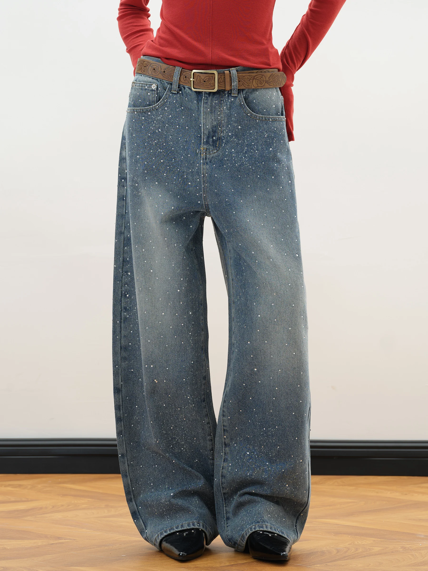 

Джинсы женские American Design Sense Splaed Ink с принтом и стразами, свободные, прямые, повседневные, универсальные, хлопковые, с застежкой-молнией на талии