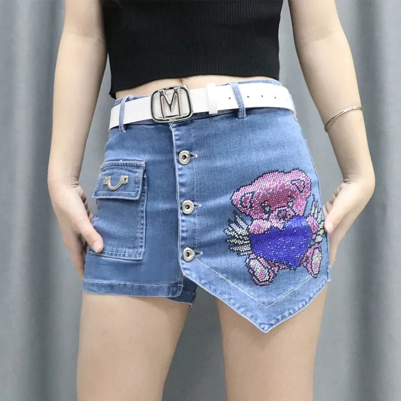 

Fashion Drill Denim Short Skirt Women 2024 Spring Summer New Korean High-Waisted Slim Irregular Culottes Tide Female Culottes