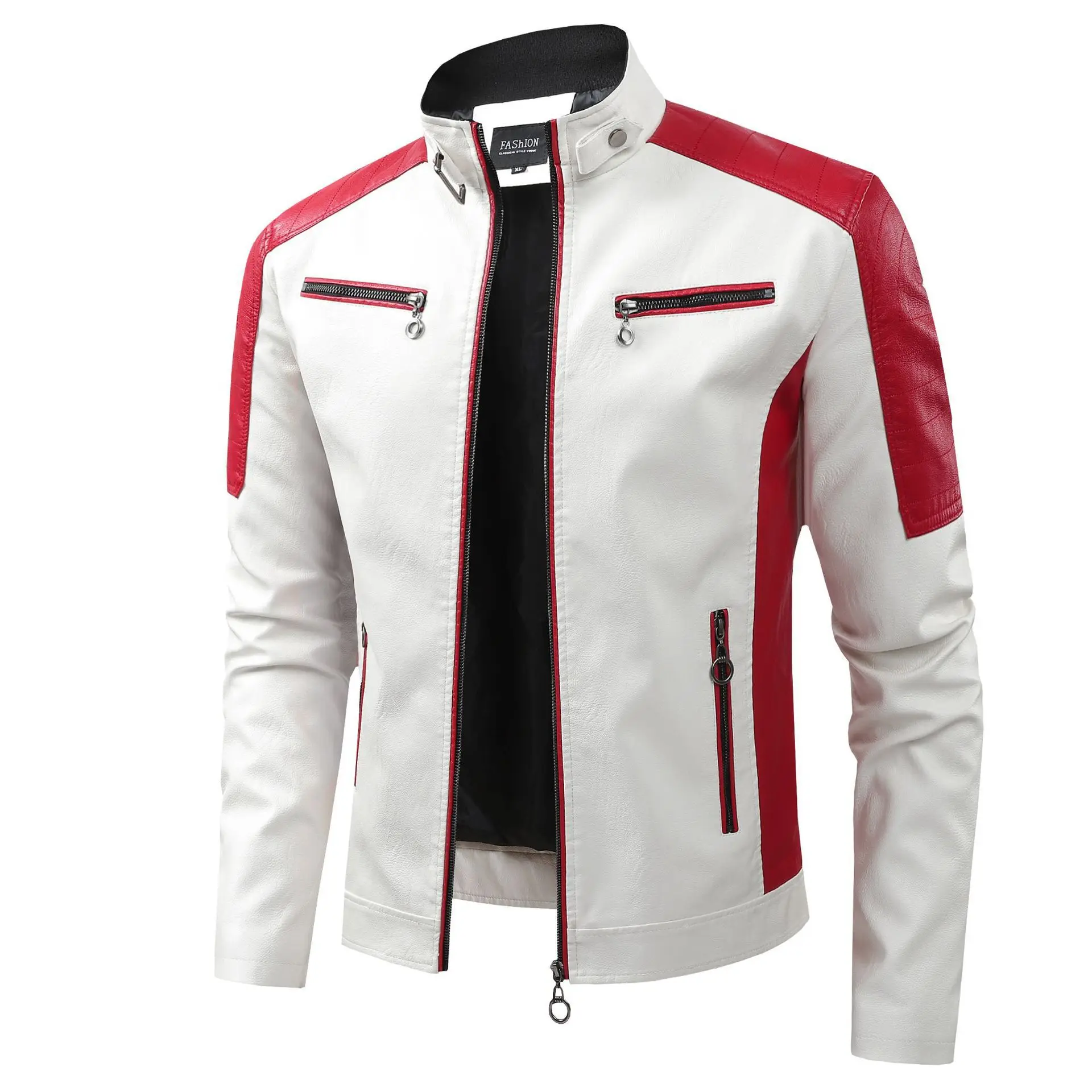 

New Fashion Men Stand Collar Slim Motorcycle Leather Jackets Male Trendy Splicing PU Leather Coats Quality Casual Leather Coats