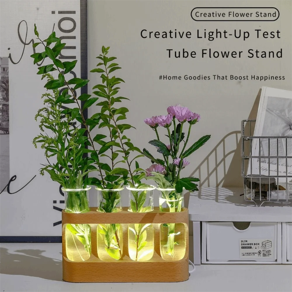With Wood Stand Plant Propagation Station Adjustable 4 Tube Vases Hydroponics Plants Glass Terrarium 3 Color Light