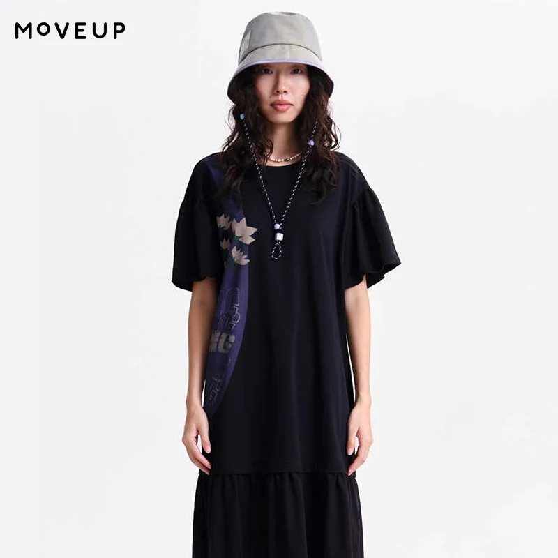 

MOVEUP Round Neck Short Sleeve Knit Dress 2026 Spring New Puff Sleeve Bag Cartoon Print Patchwork Hem A-line Dress 3ELC11302